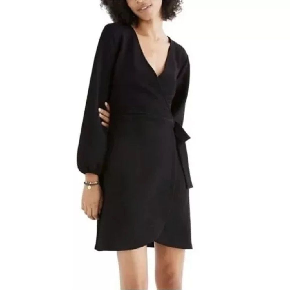 Madewell Black Texture and Thread Long-Sleeve Side Tie Faux Wrap Dress Size M